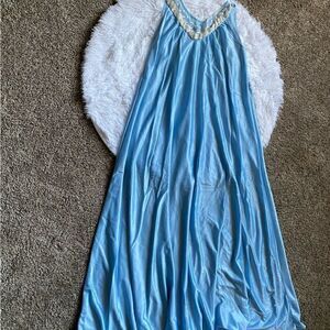 Vintage Night Gown Sleepwear Blue Lace Trim Neck Silky Sleeveless Long Womens